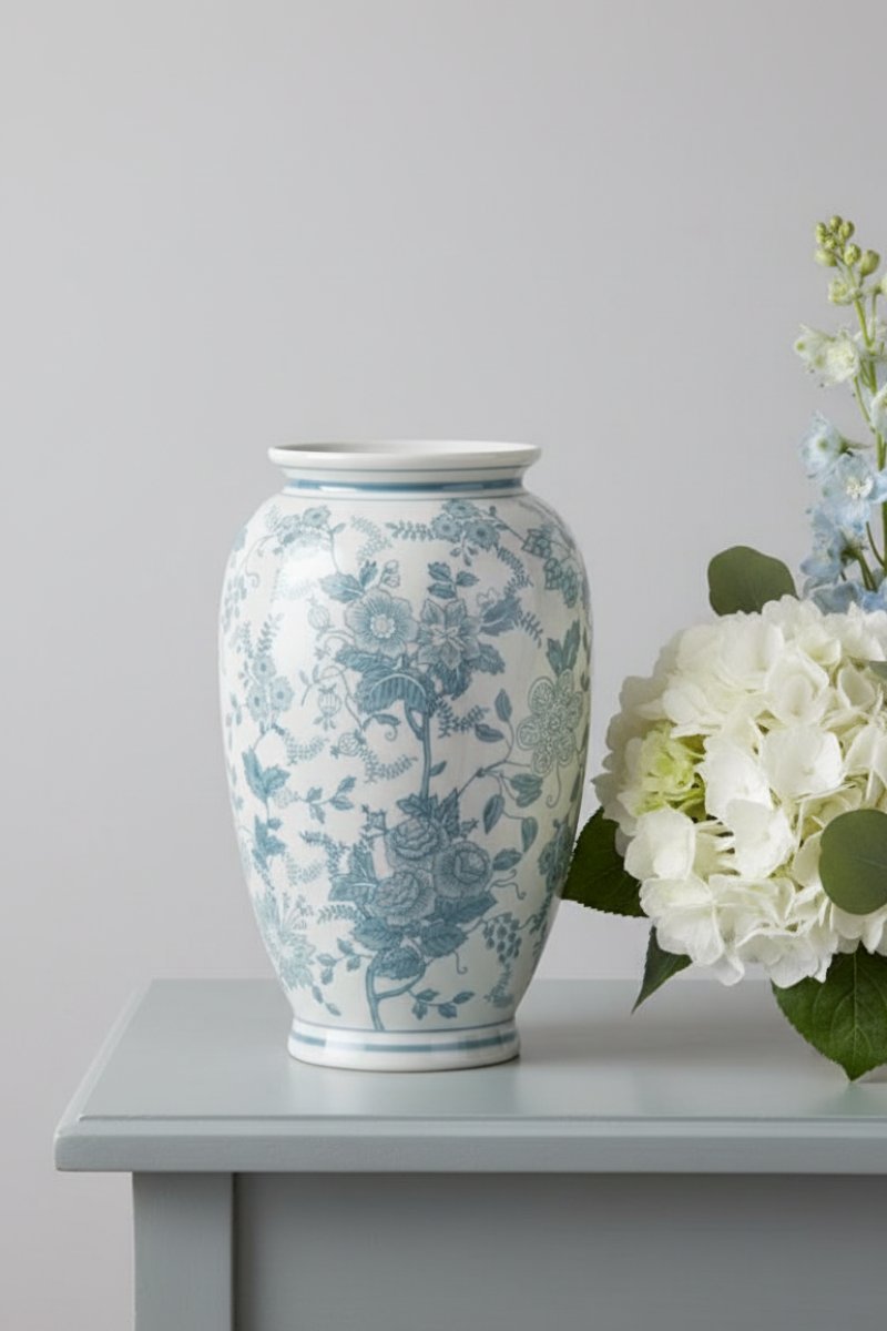 Porcelain Chinoiserie Vase Large Teal & White