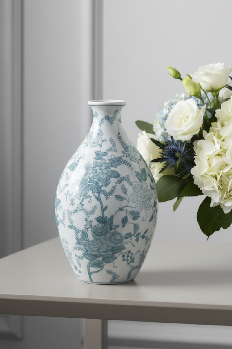 Porcelain Chinoiserie Vase Medium Teal & White