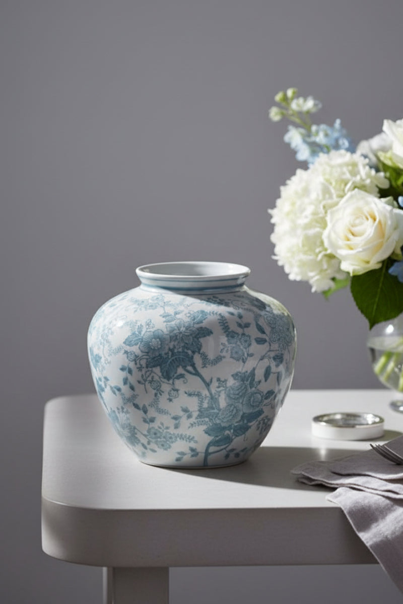 Porcelain Chinoiserie Vase Small Teal & White