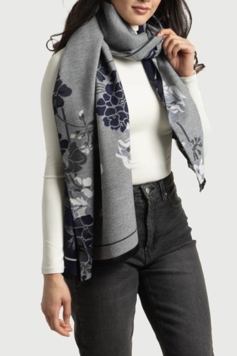 Two Color Floral Reversible Scarf Navy Grey