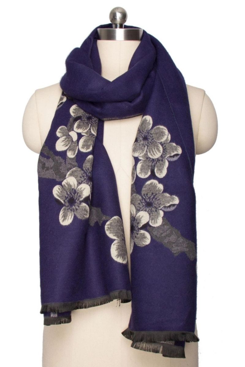 Two Color Floral Reversible Scarf Navy Grey