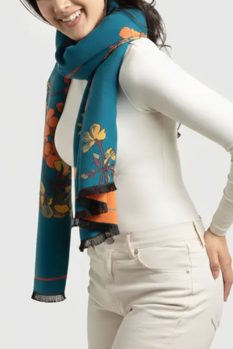 Two Tone Floral Reversible Scarf Turquoise