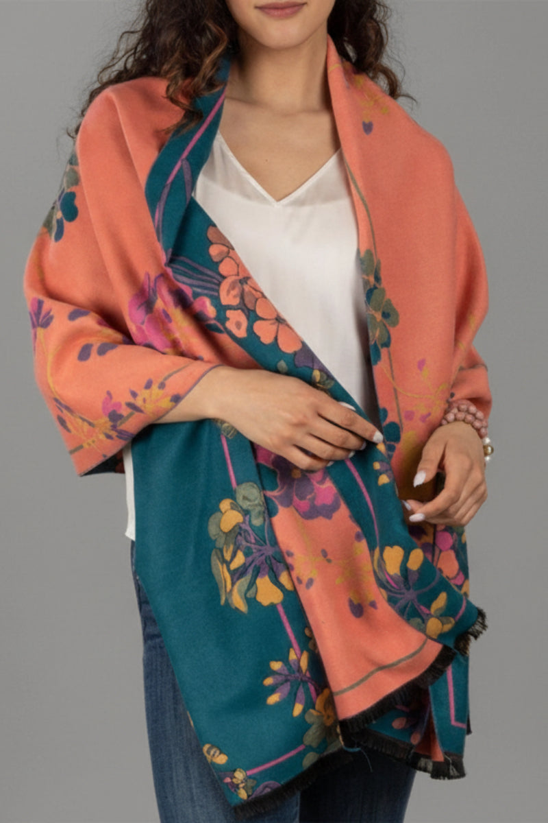 Two Tone Floral Reversible Scarf Turquoise