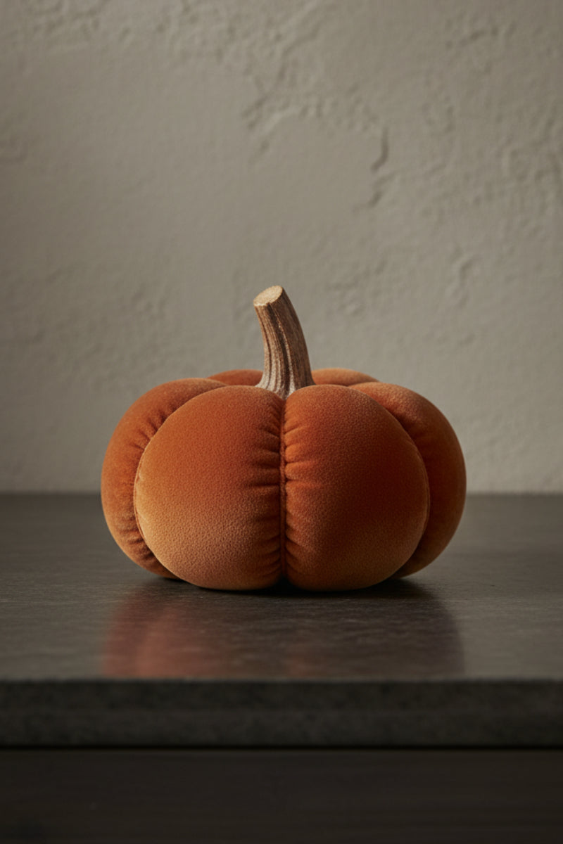 Velvet Pumpkin with Wood Stem 7.5" Rust