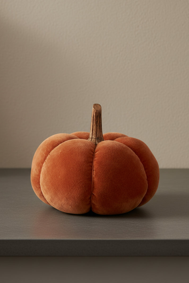 Velvet Pumpkin with Wood Stem 9.5" Rust
