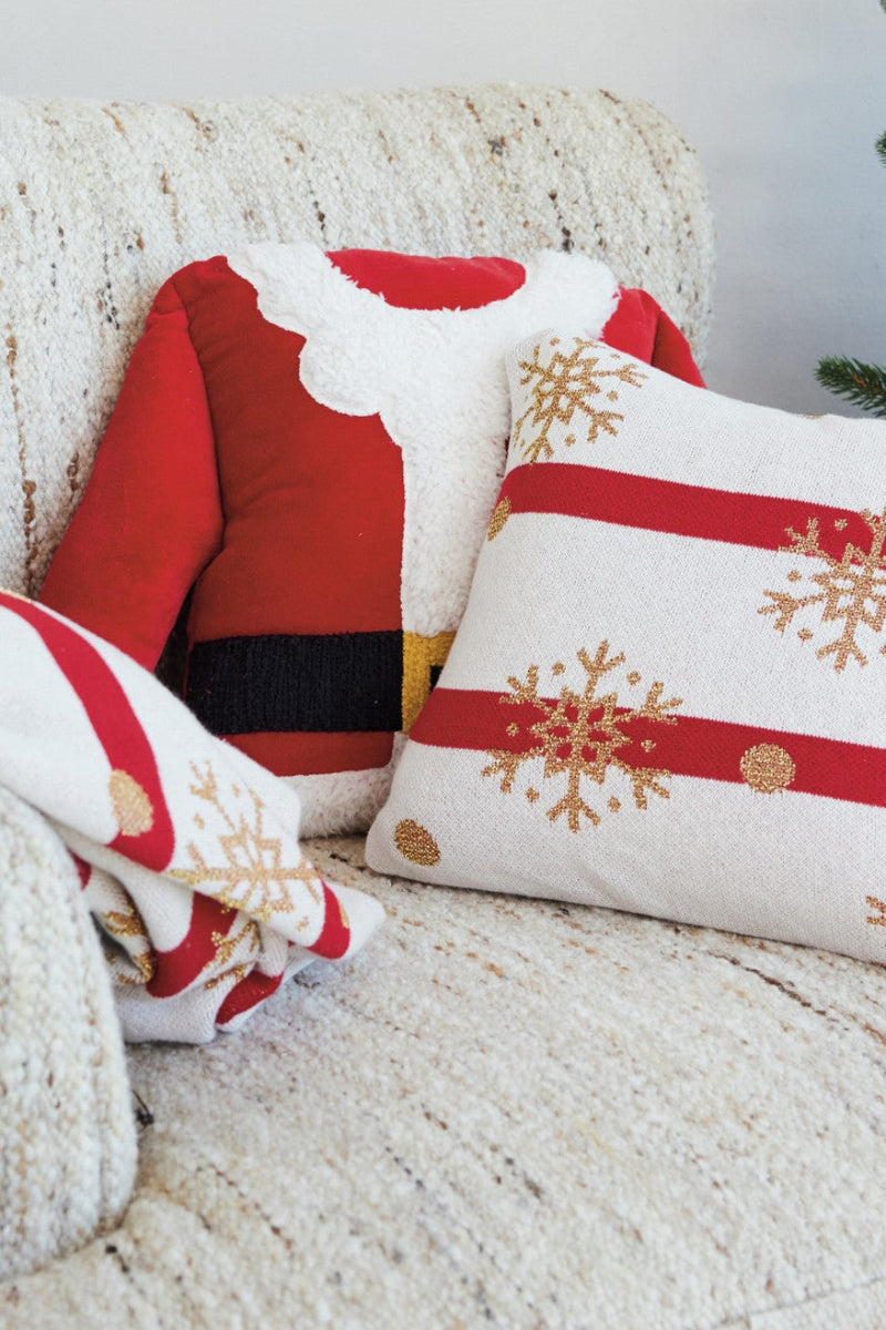 Woven Cotton Velvet Santa Coat Shaped Pillow with Faux Sherpa Trim & Embroidery