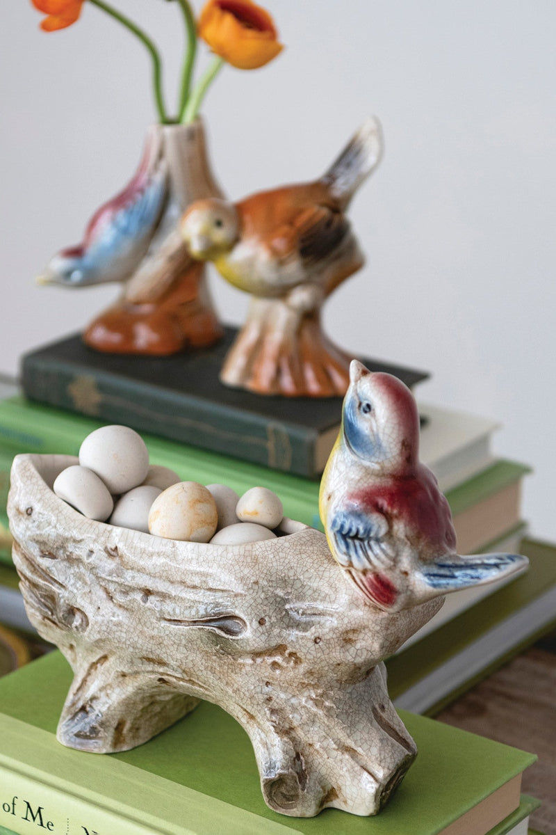 Hand-Painted Vintage Reproduction Bird on Tree Log Container