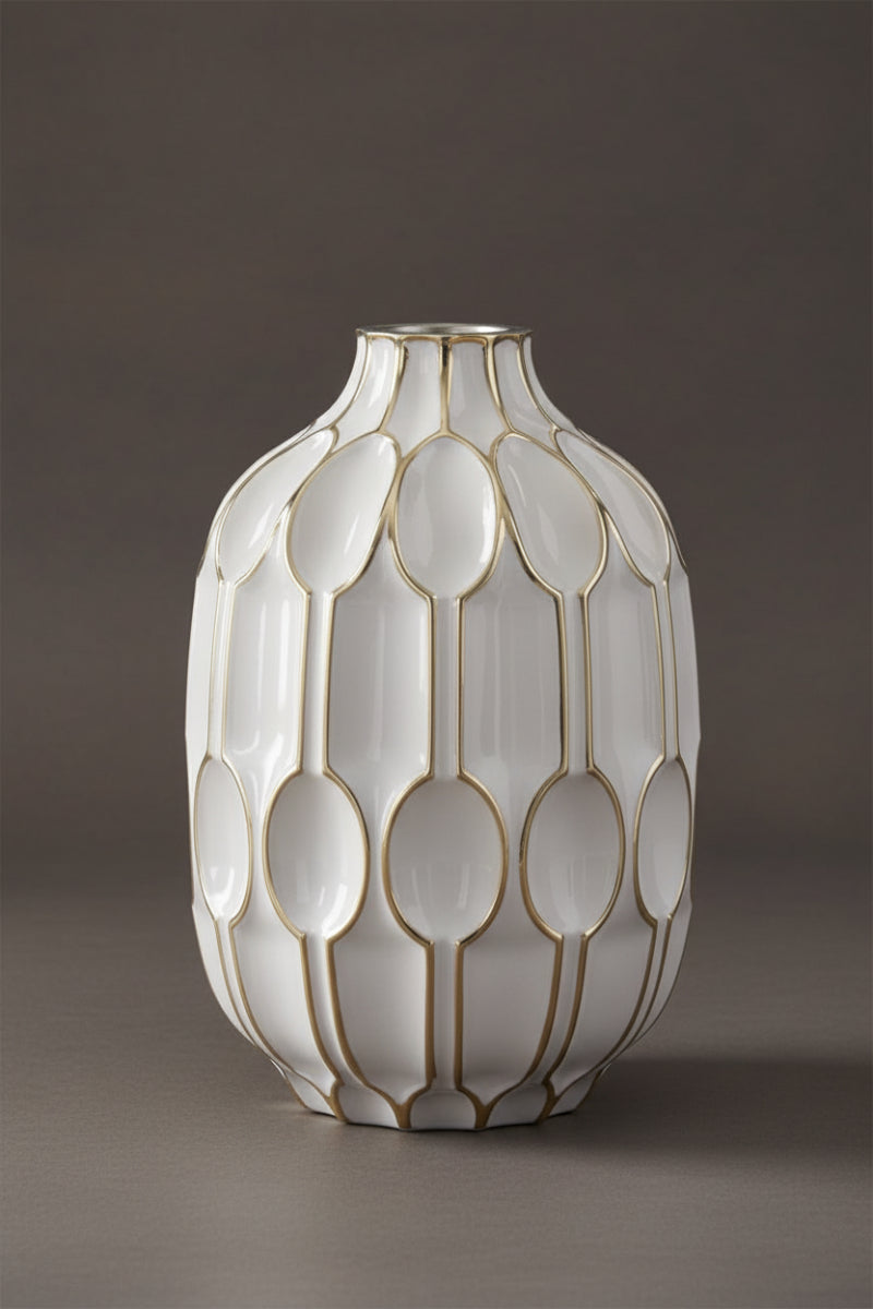 Glass Oval Embossed Vase Small White & Gold