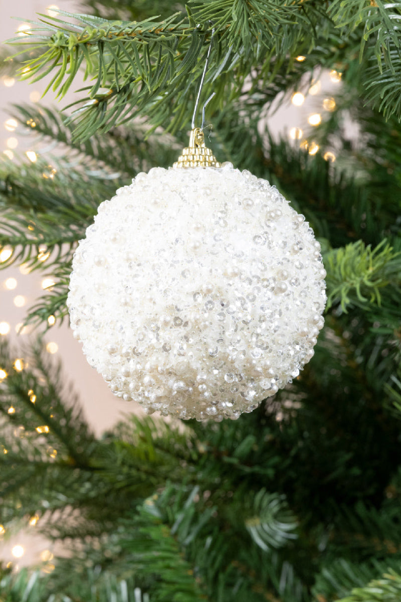 Bauble Ball Ornament 3.15 With Beads Wool White