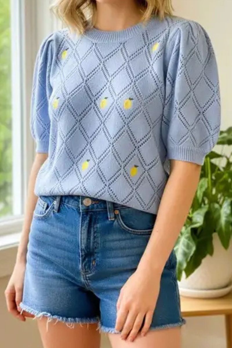Lemon Embroidered Sweater Medium Chambray