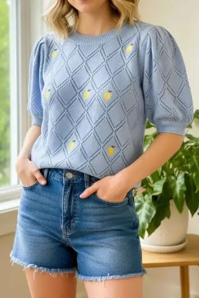 Lemon Embroidered Sweater Large Chambray