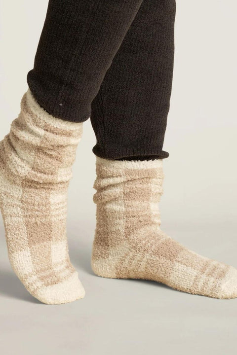 SOCKS, WOMENS PLAID CREAM/TAN