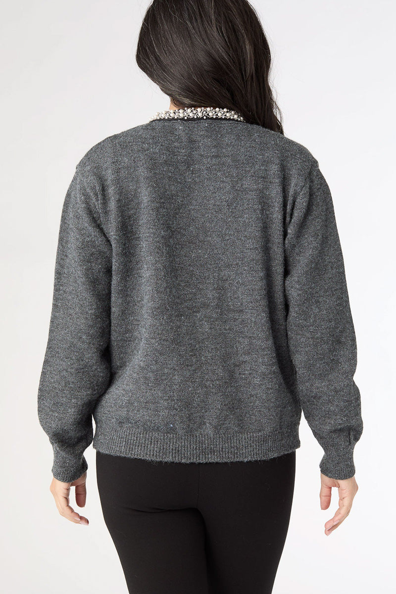Alayna Cardigan with Pearl Beaded Collar Charcoal Heather L/XL