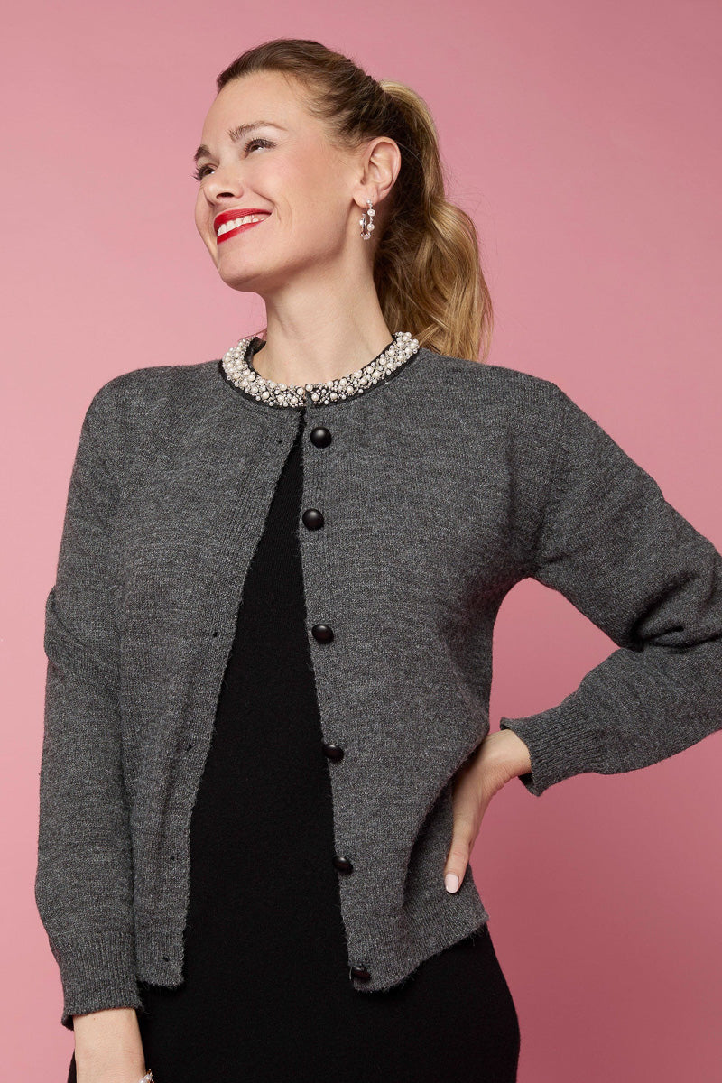 Alayna Cardigan with Pearl Beaded Collar Charcoal Heather L/XL