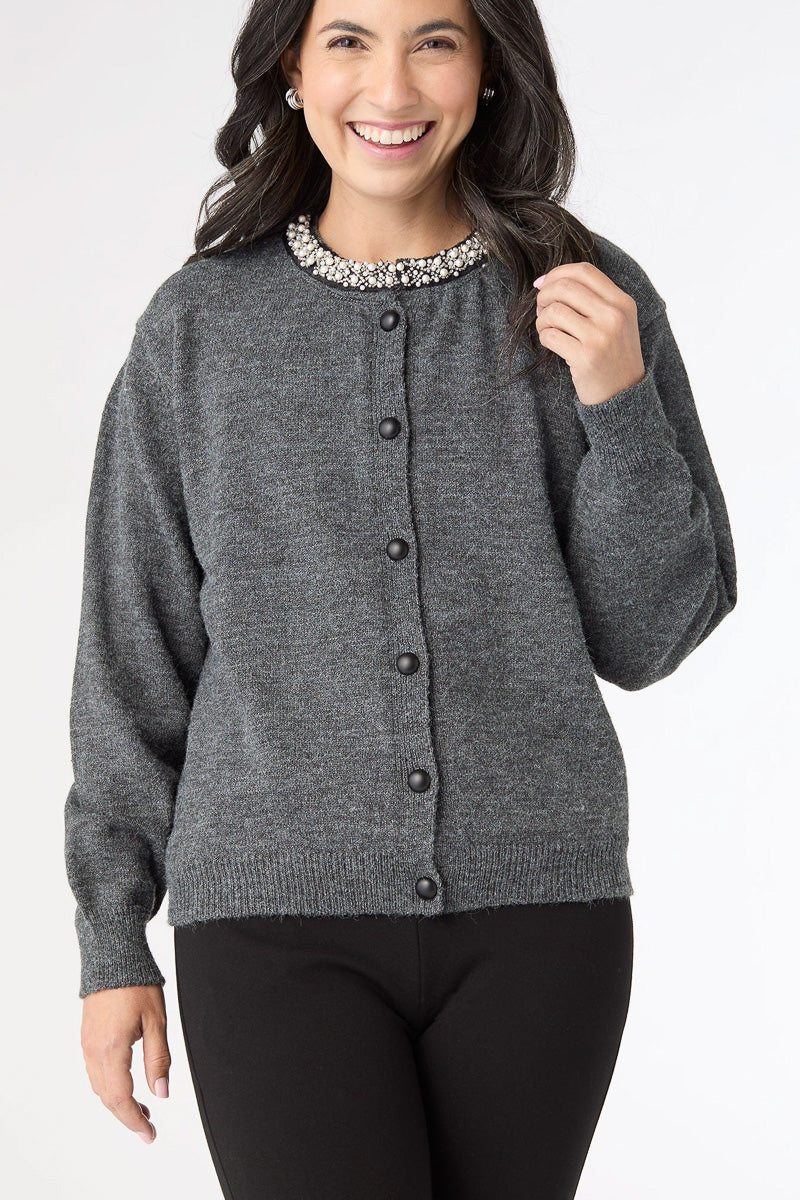Alayna Cardigan with Pearl Beaded Collar Charcoal Heather L/XL