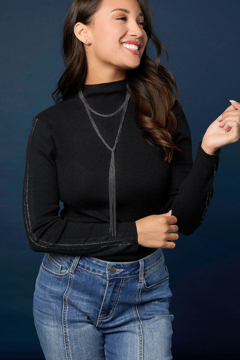 Ataya Sweater with Stripe Sparkle Sleeve Black S/M