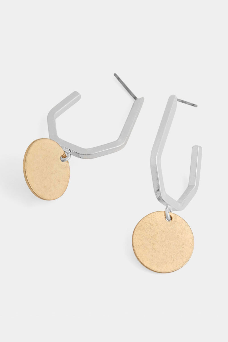 Bent Line Coin Dangle Earrings Mixed Metals