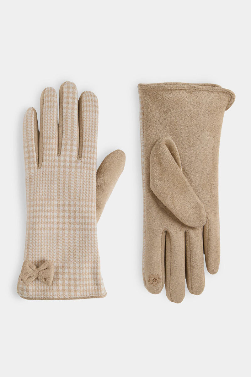 Darling Bow Houndstooth Touchscreen Gloves Beige