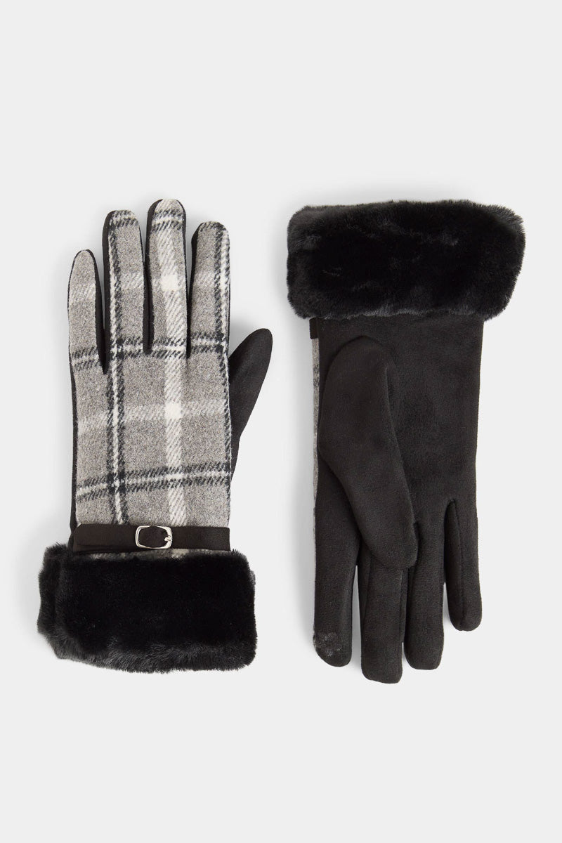 Belted Fur Cuff Plaid Touchscreen Gloves Black