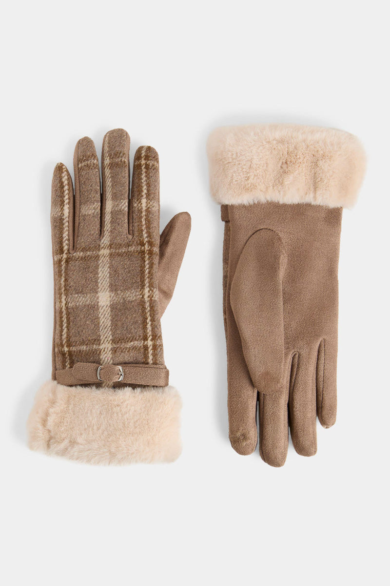 Belted Fur Cuff Plaid Touchscreen Gloves Brown