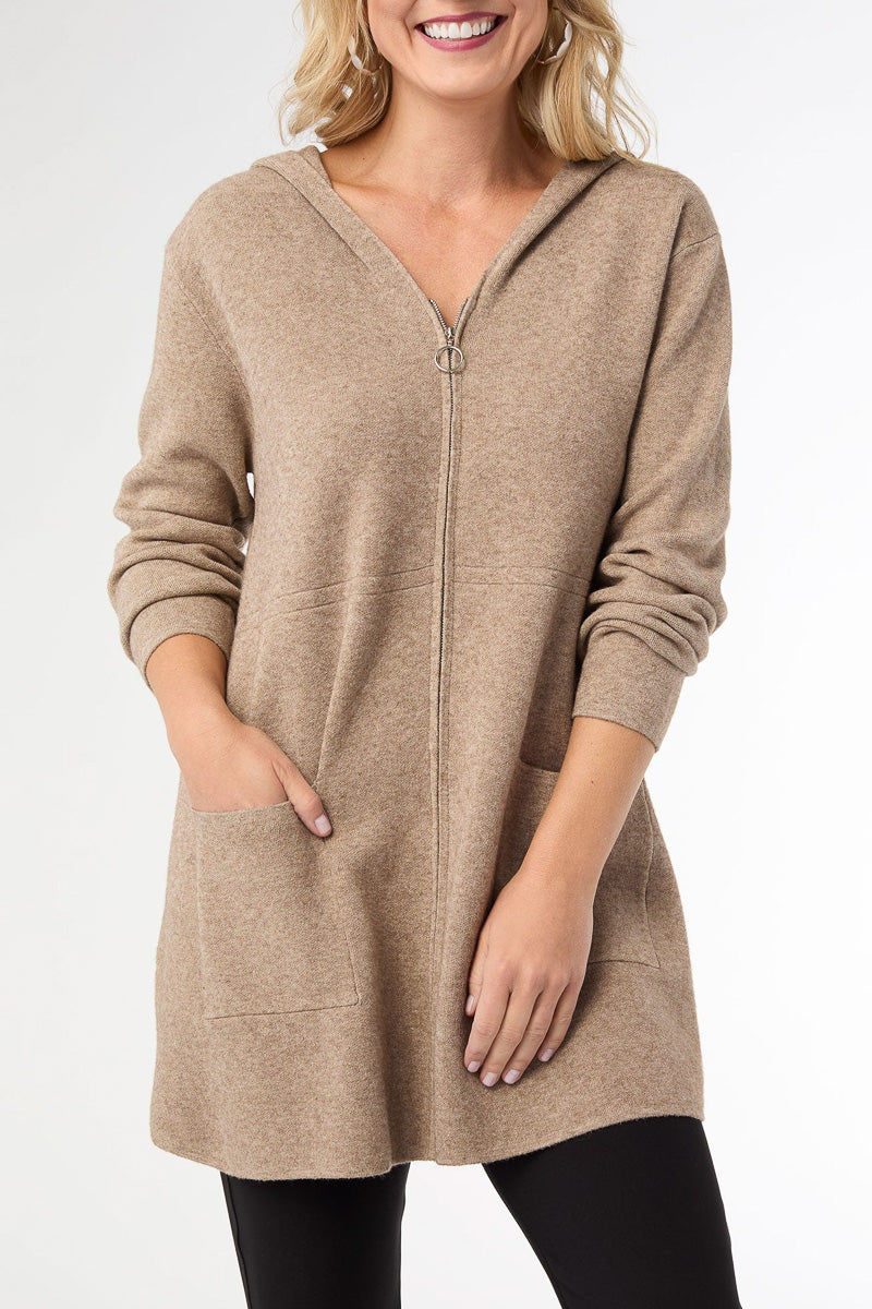 Heavenly-Luxe Zip Front Hooded Cardigan with Pockets XXL Beige Heather