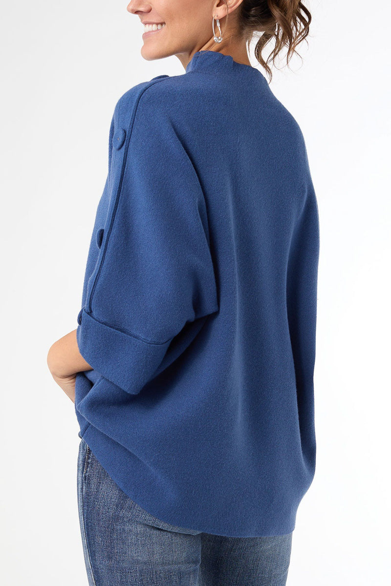 Heavenly-Luxe Short Sleeve Funnel Neck with Button Detail XS Steel Blue