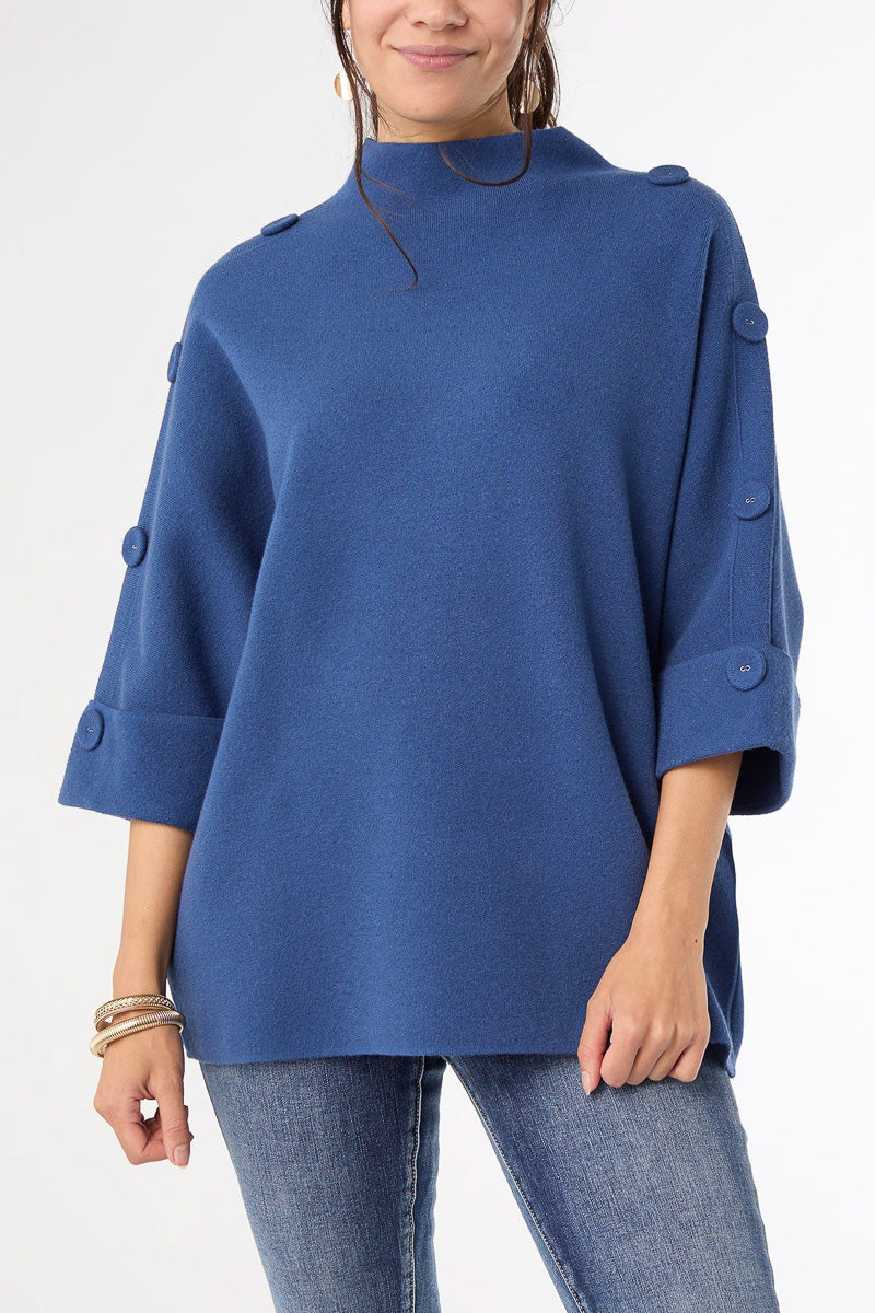 Heavenly-Luxe Short Sleeve Funnel Neck with Button Detail XS Steel Blue