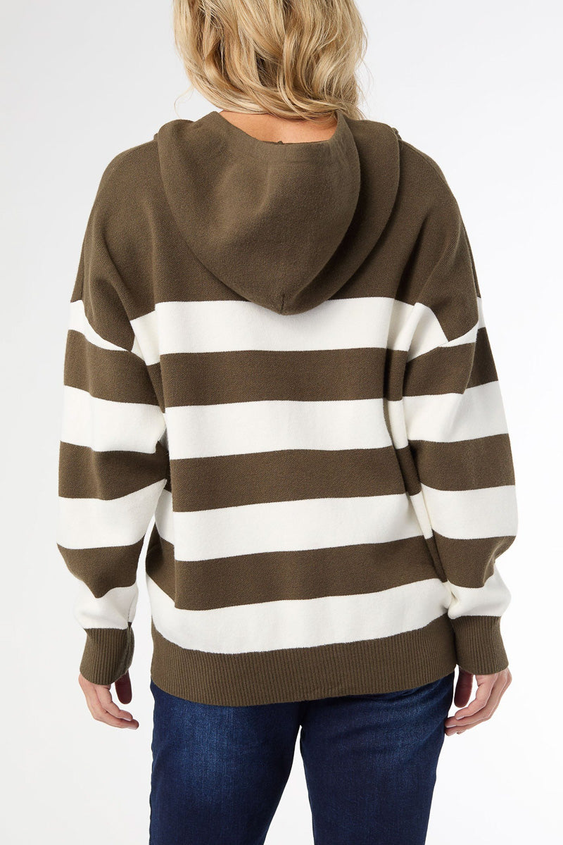 Heavenly-Luxe Stripe Pullover with Hood S/M Olive & Cream