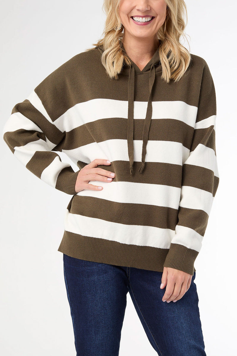 Heavenly-Luxe Stripe Pullover with Hood S/M Olive & Cream