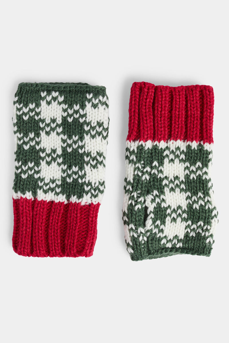 Holly Houndstooth Knit Fingerless Gloves Red & Green