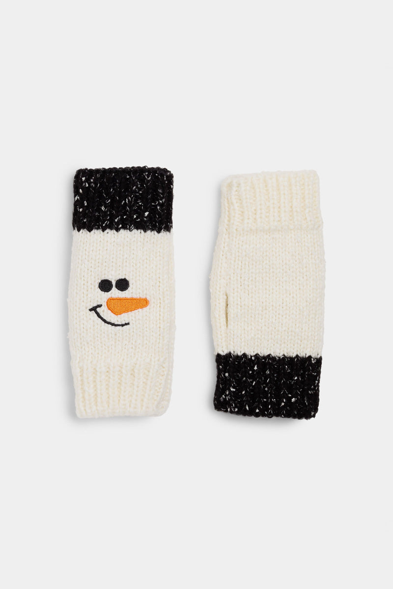 Marled Snowman Knit Fingerless Gloves Winter White