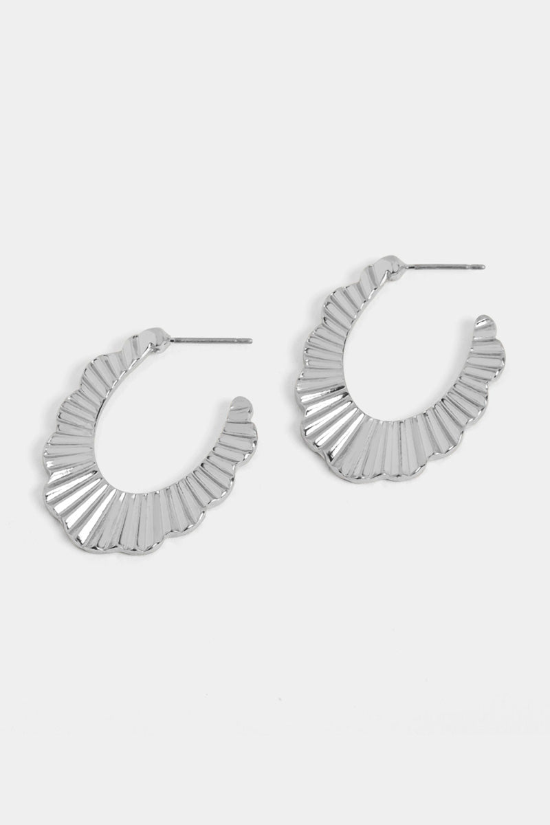 Ribbed Scallop Post Hoop Earrings Silver