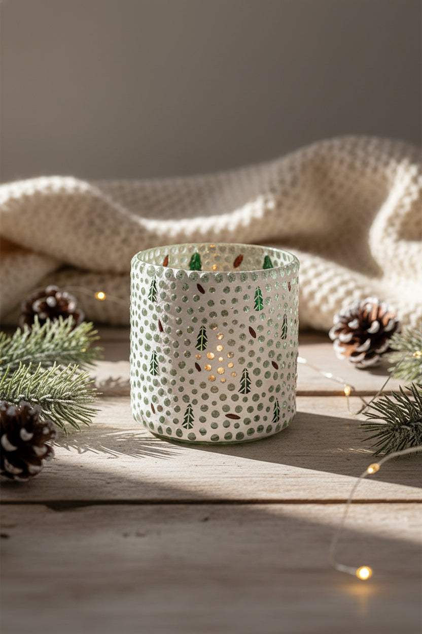 Glass Mosaic Tealight & Votive Holder with Trees 4.75"