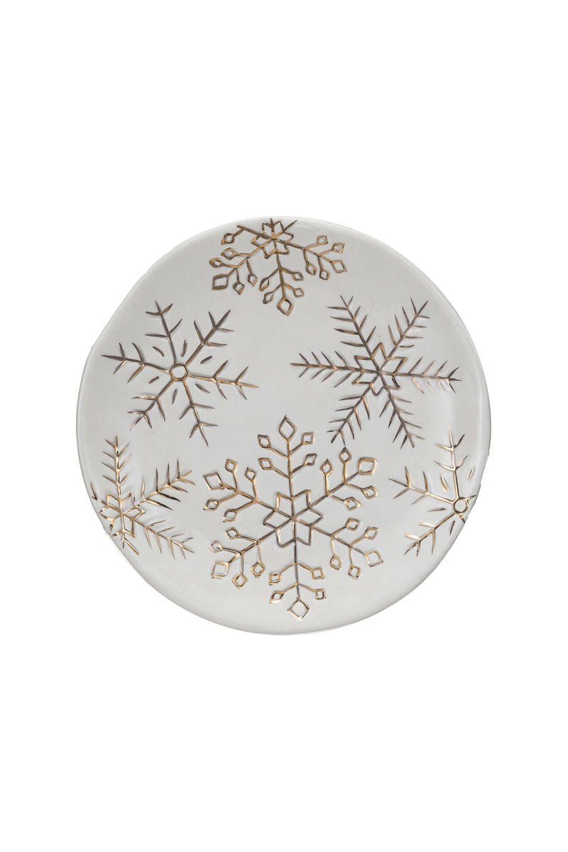 Stoneware Plate with Gold Snowflakes 6" White