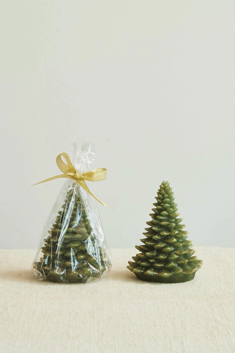 Tree Shaped Candle Unscented Green Gold Tips 5"