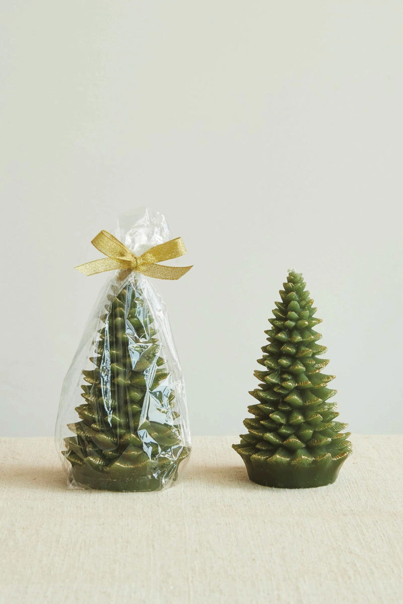 Candle Tree Shaped Unscented Green Gold Tips 7"