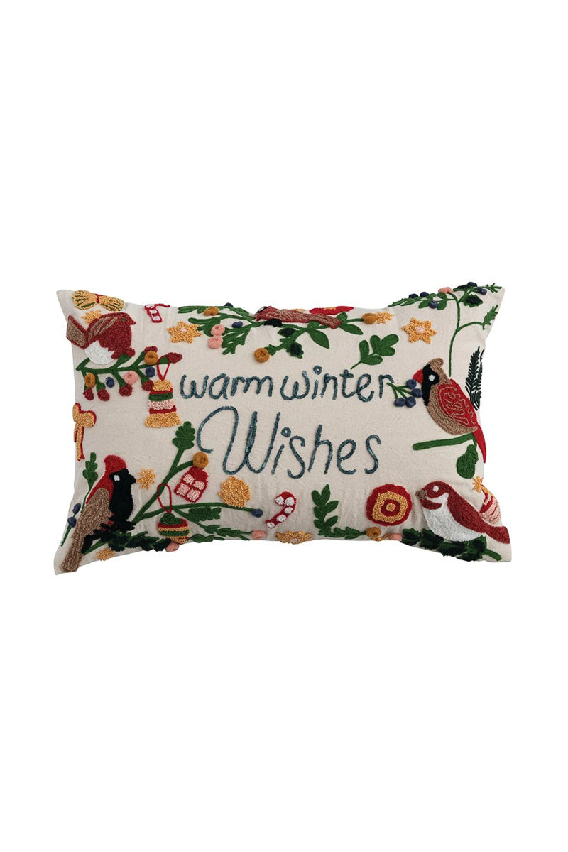 Embroidered Pillow with Birds 22"x 14" "Warm Winter Wishes"