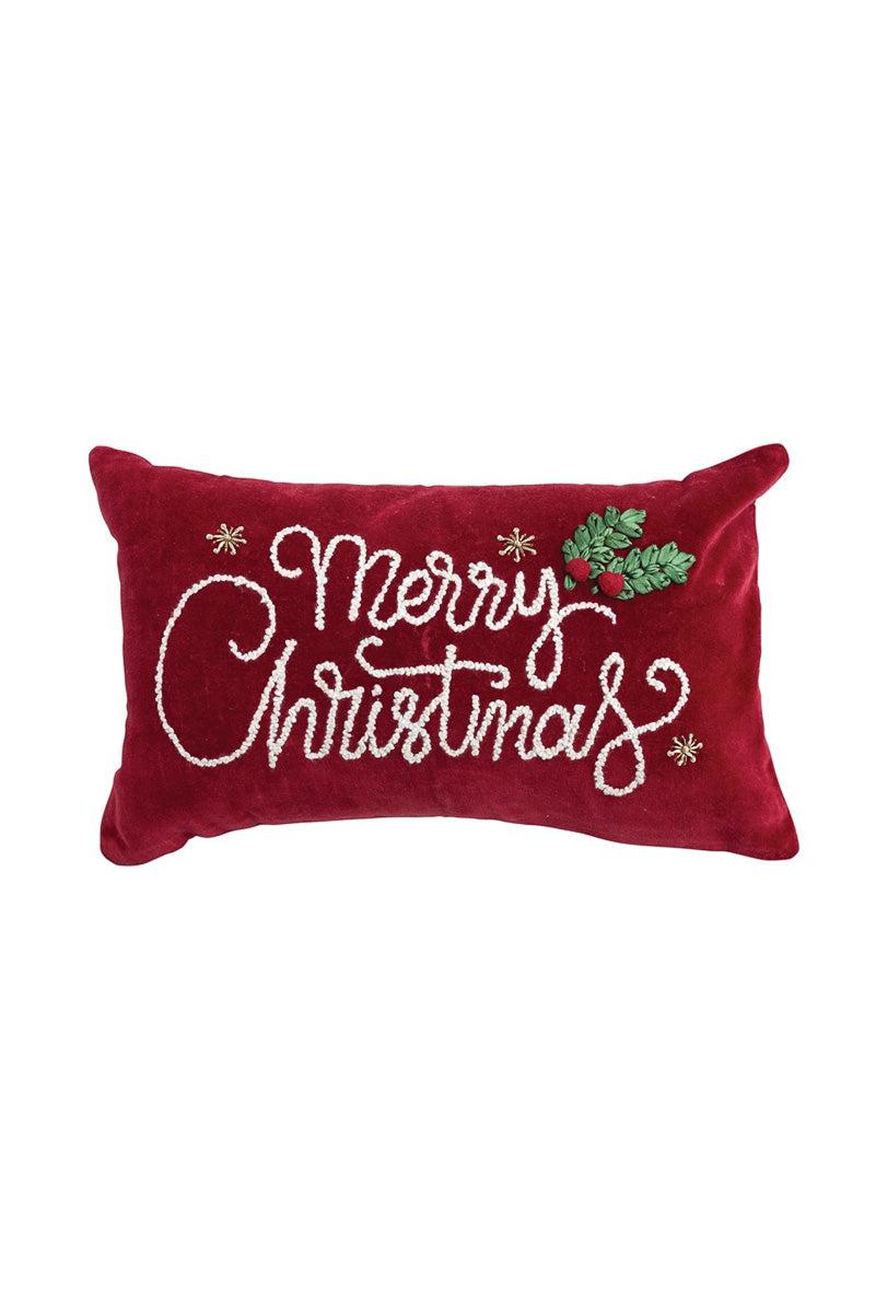 Embroidered Cotton & Velvet Pillow 20"x 12" "Merry Christmas"