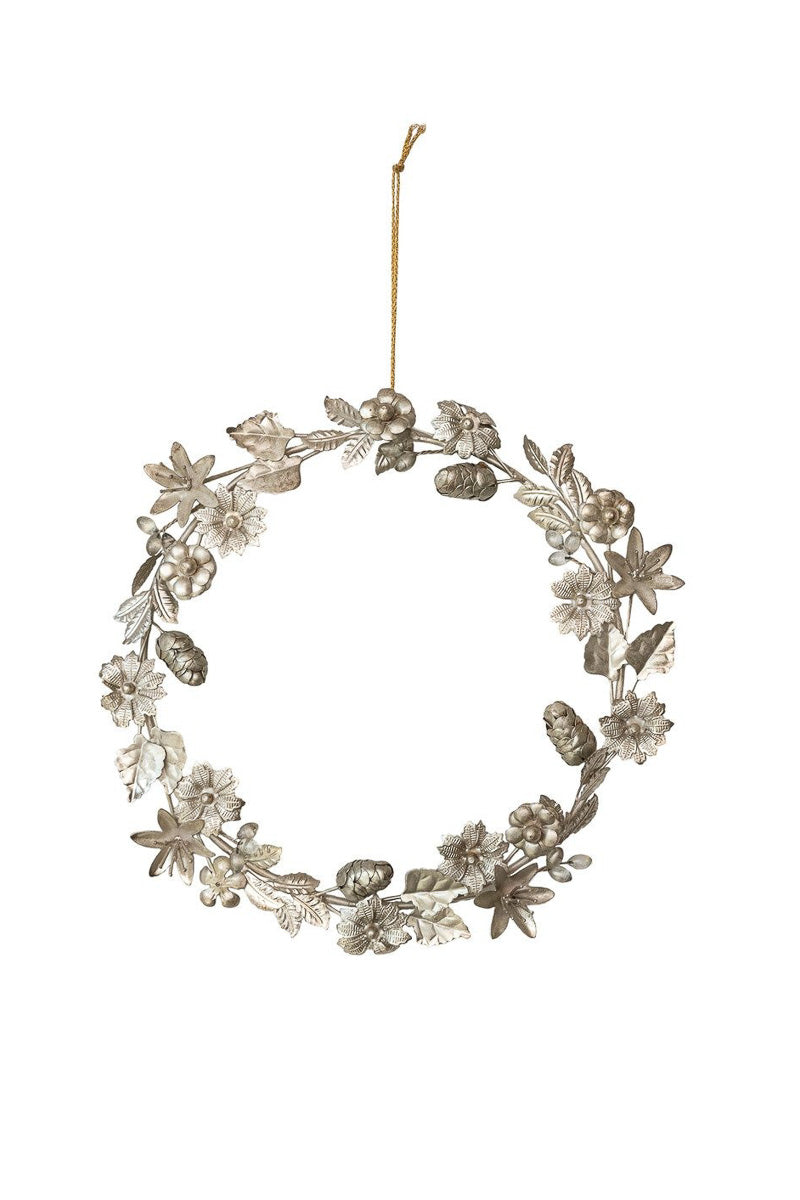 Round Metal Leaves, Flowers & Acorns  Wreath,12.5"  Antique Silver Finish