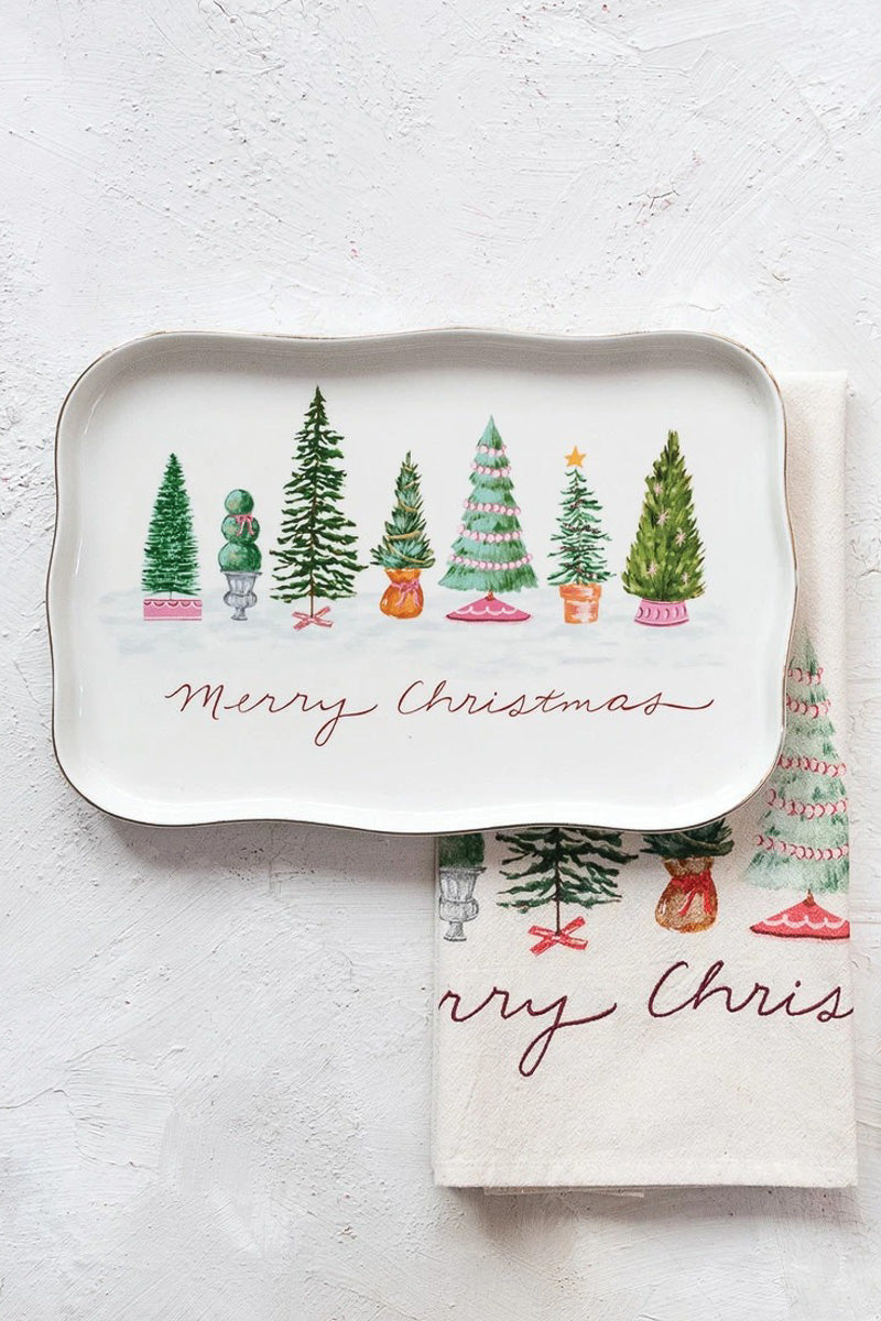 Stoneware Scalloped Platter with Trees Merry Christmas 12"x 8.75"