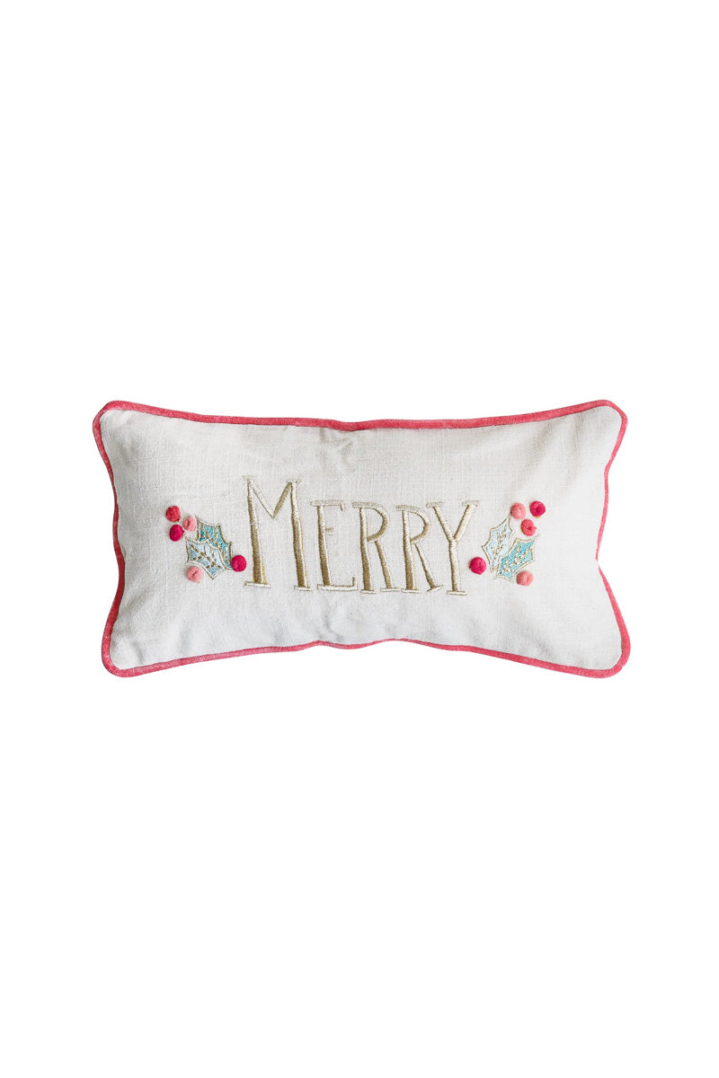 Embroidered Pillow With Pom Poms "Merry" 18"x 9"