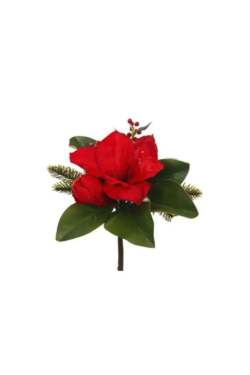 Faux Amaryllis Bouquet 12" Red & Green