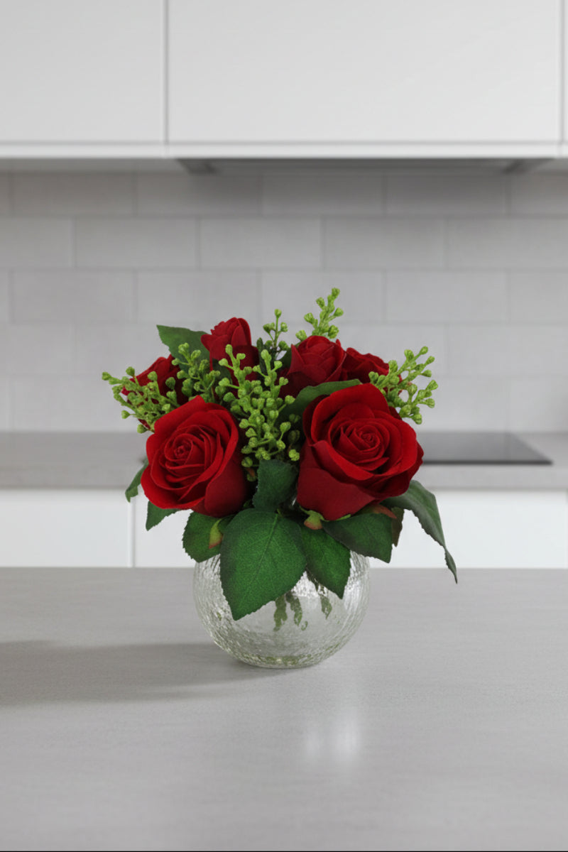 Faux Rose Sedum in Glass Pot 9" Red Green