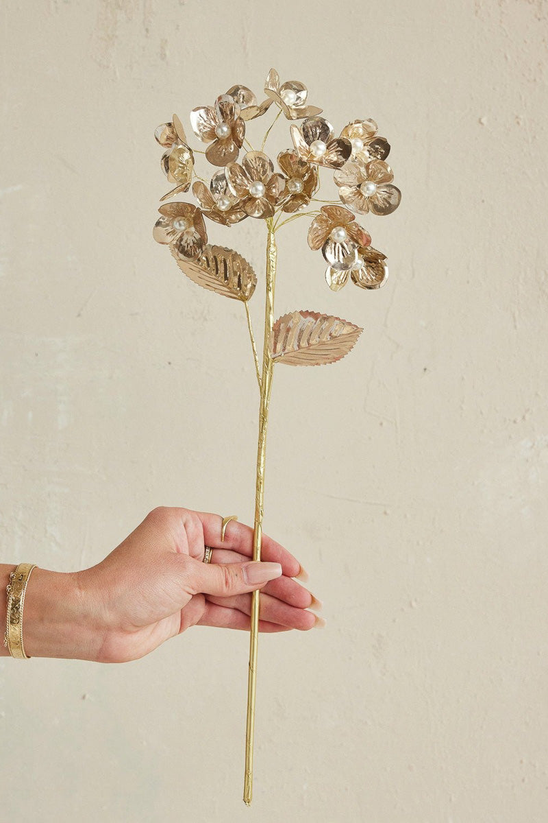 Faux Flower Pick With Pearls, Metallic 17.35" Gold Finish