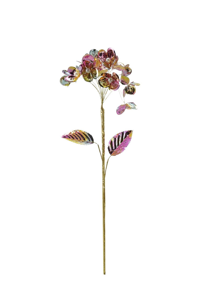 Faux Flower Pick With Pearls, Metallic 17.35" Gold Finish