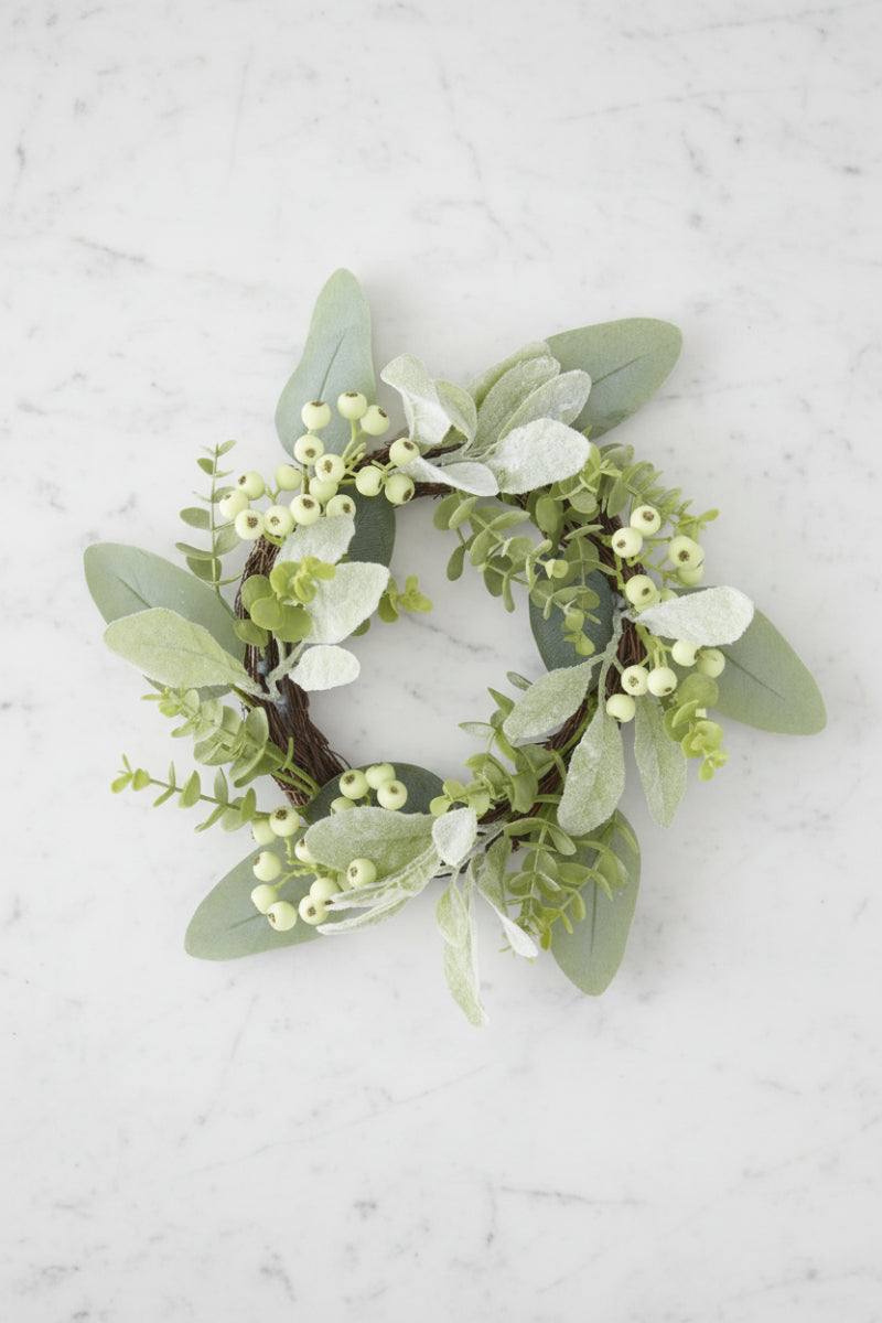 Faux Mixed Green Foliage With Berries Candle Ring 13"