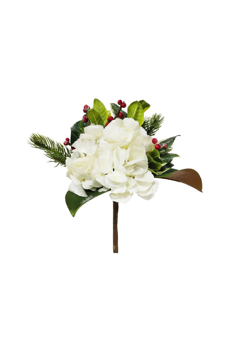 Faux Hydrangea & Holly Pick 12" White