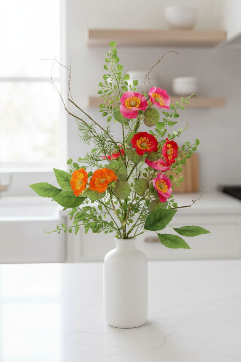 Faux Mixed Poppy Spray 24" Red, Orange & Pink