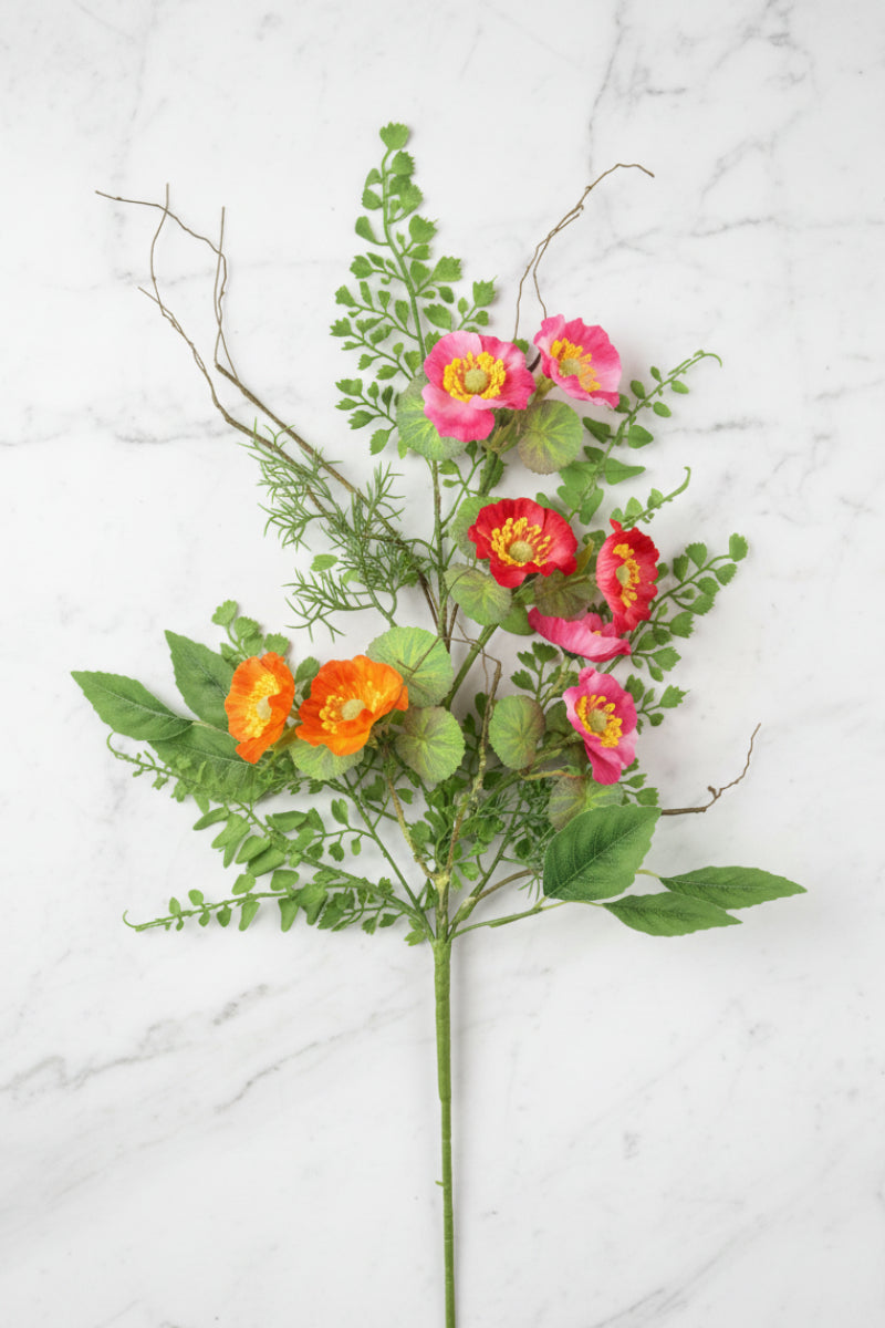 Faux Mixed Poppy Spray 24" Red, Orange & Pink