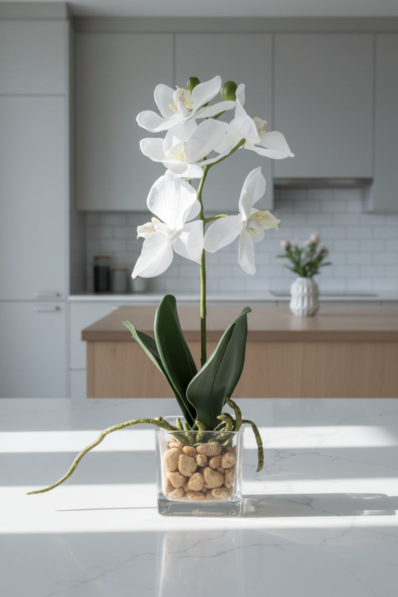 Faux Orchid in Square Glass Dish 11" White